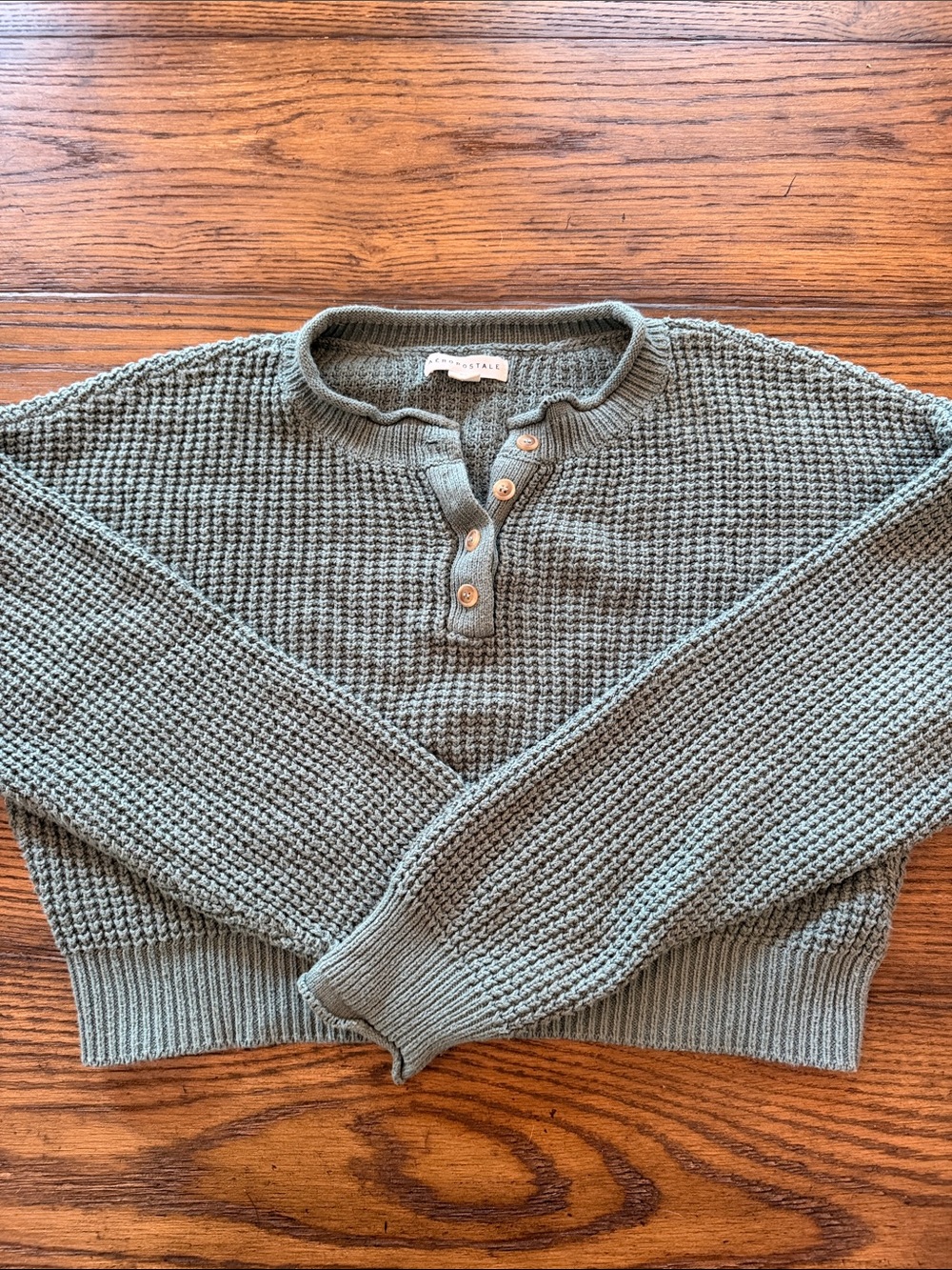 Aeropostale Olive Green Waffle Henley Crewneck Sweater